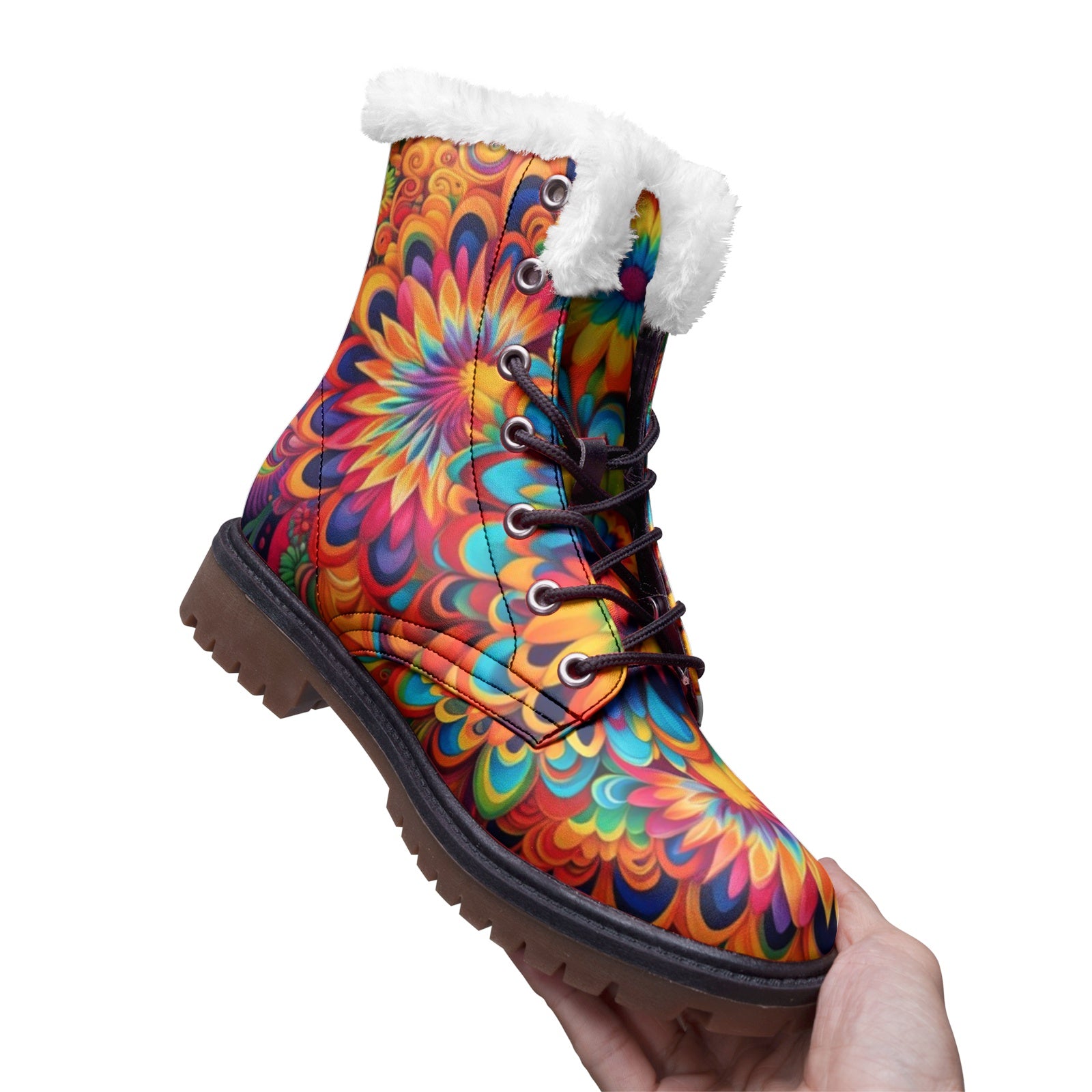 Hippie Art Zone - Colorful Floral Faux Fur Leather Boots For Hippie
