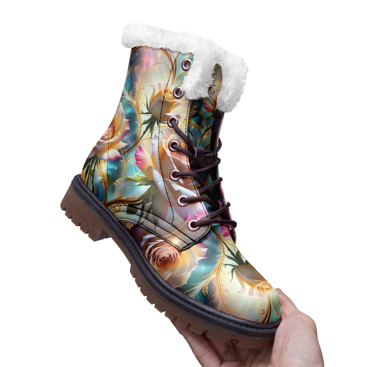 Hippie Art Zone - Boho Rose Faux Fur Leather Boots for Nature-Loving Hippies