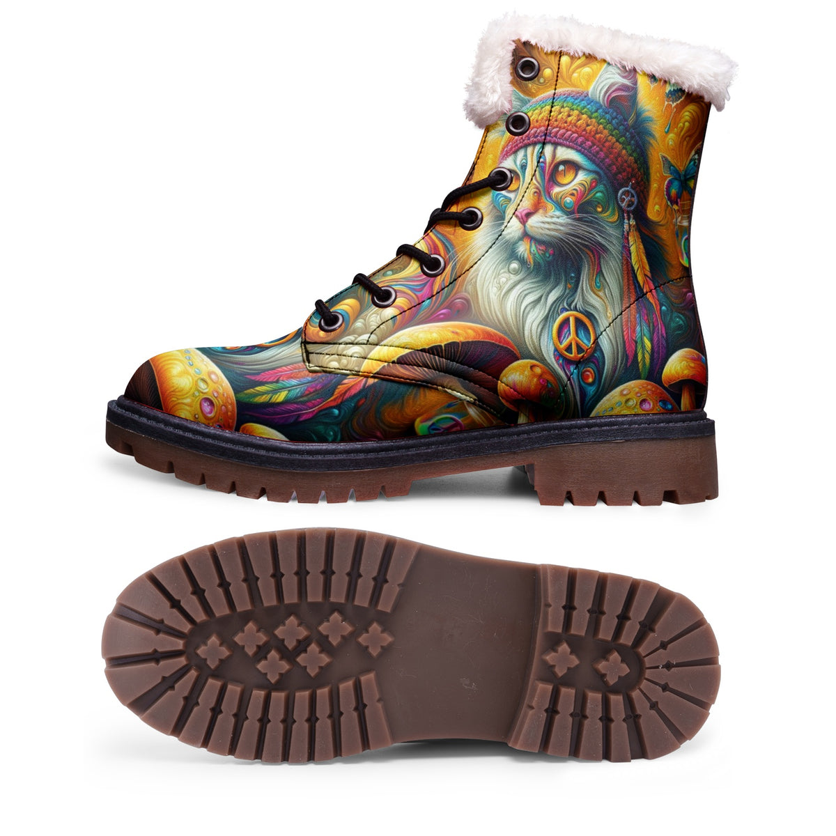 Hippie Art Zone - Cat &amp; Mushroom Colorful Leather Boots For Hippies