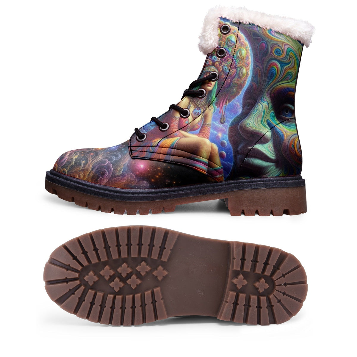 Hippie Art Zone - Smiling Moon Boho Faux Fur Leather Boots, Unique Bohemian Style Footwear