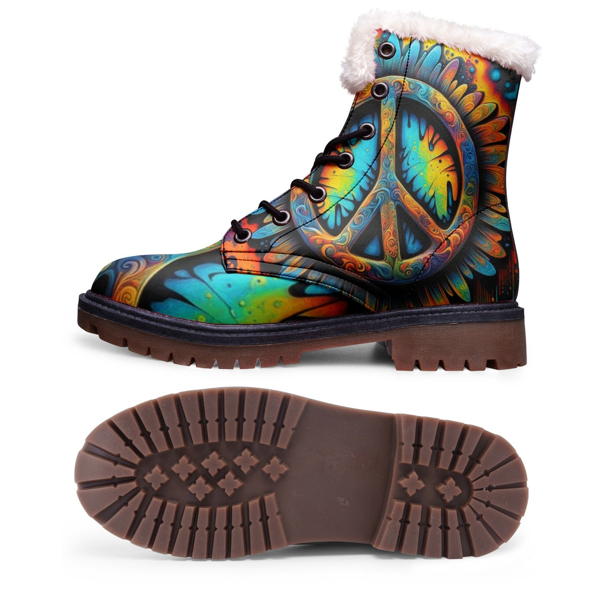 Hippie Art Zone - Faux Fur Leather Boots With Colorful Hippie Symbols ? Boots For The True Hippie