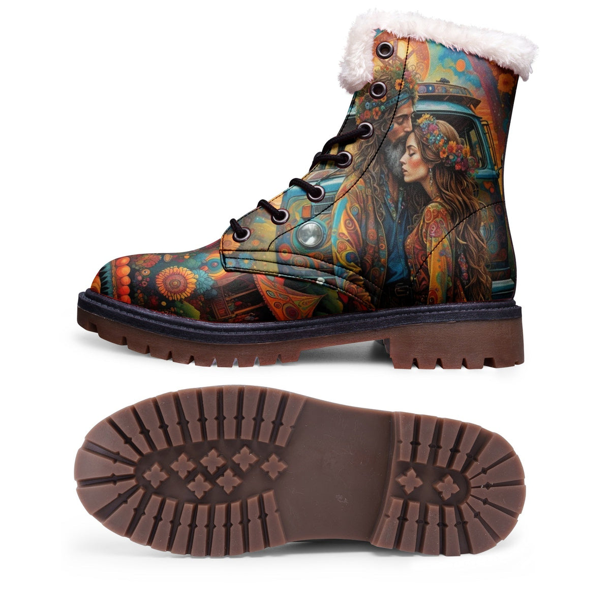 Hippie Art Zone - Hippie Love Faux Fur Leather Boots ? Colors of Love and Freedom