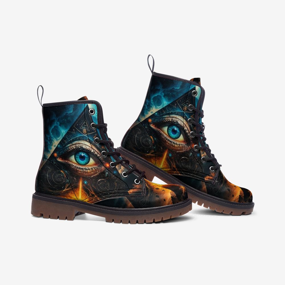 Hippie Art Zone - Eye of the Pyramid Vegan Leather Boots, Mystical Hippie Style