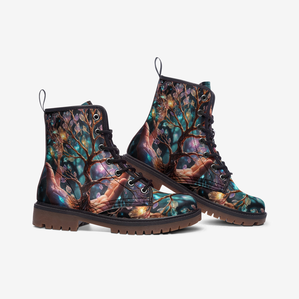 Hippie Art Zone - Tree of Life Hand Vegan Leather Boots, Boho Hippie Style