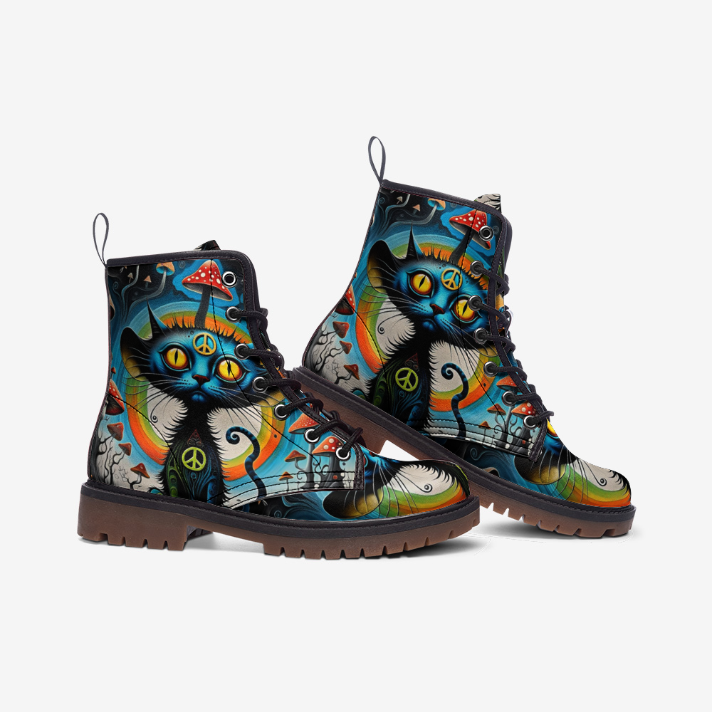 Hippie Art Zone - Hippie Cat &amp; Psychedelic Mushroom Vegan Leather Boots