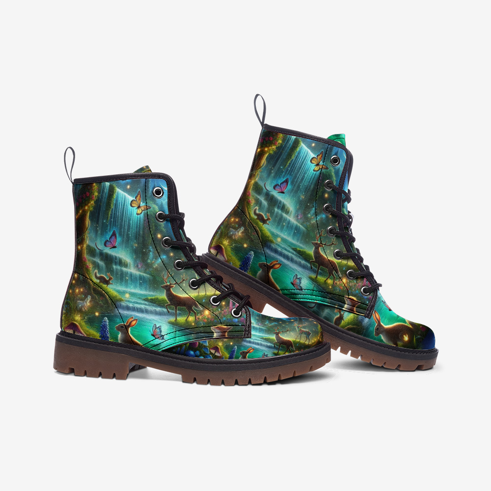 Hippie Art Zone - Waterfall Forest Vegan Leather Boots, Nature Lovers Hippie Style