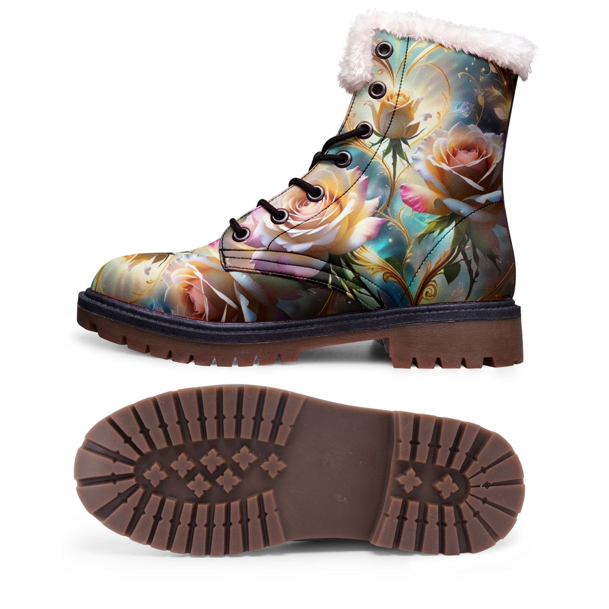 Hippie Art Zone - Boho Rose Faux Fur Leather Boots for Nature-Loving Hippies