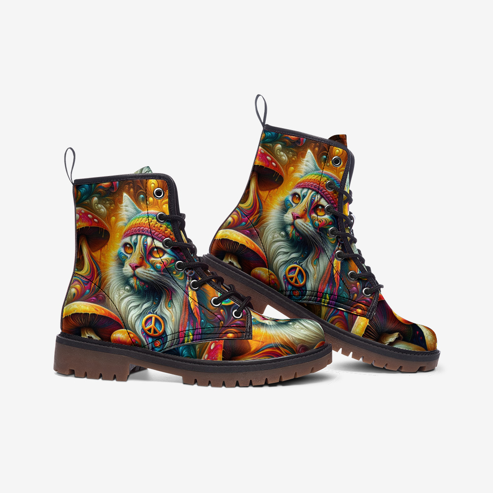 Hippie Art Zone - Hippie Cat &amp; Mushroom Vegan Leather Combat Boots