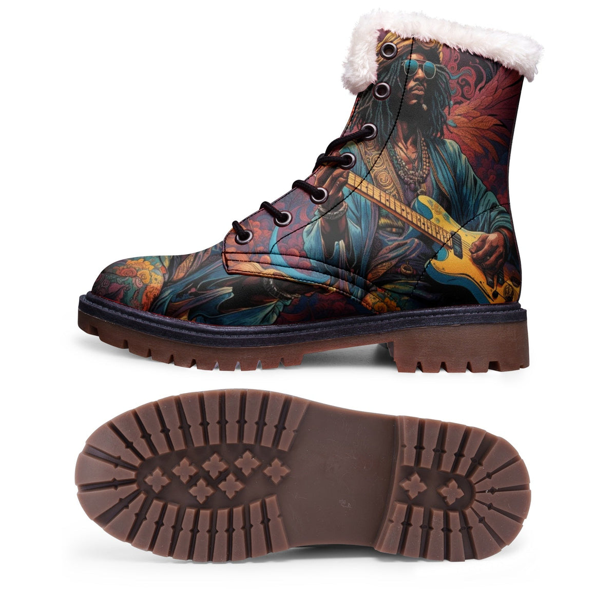 Hippie Art Zone - Hippie Faux Fur Leather Boots For Music Lovers and Free Spirits