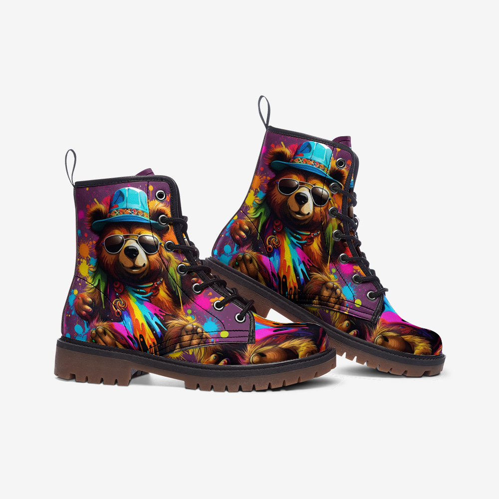 Hippie Art Zone - Cool Bear With Glasses Casual Leather Lightweight Boots