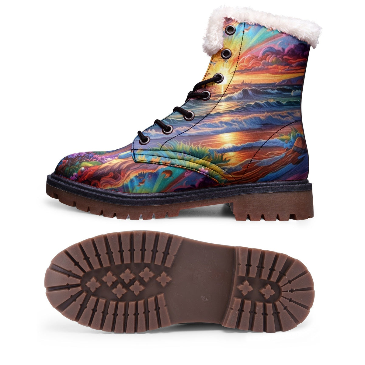 Hippie Art Zone - Colorful Sunset Beach Faux Fur Leather Boots, Vibrant Hippie Style Footwear