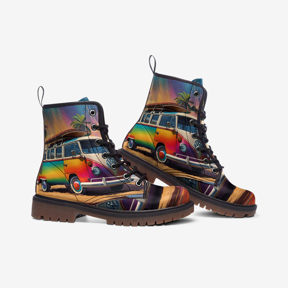 Hippie Art Zone - Rainbow Kombi Van Casual Leather Lightweight Boots