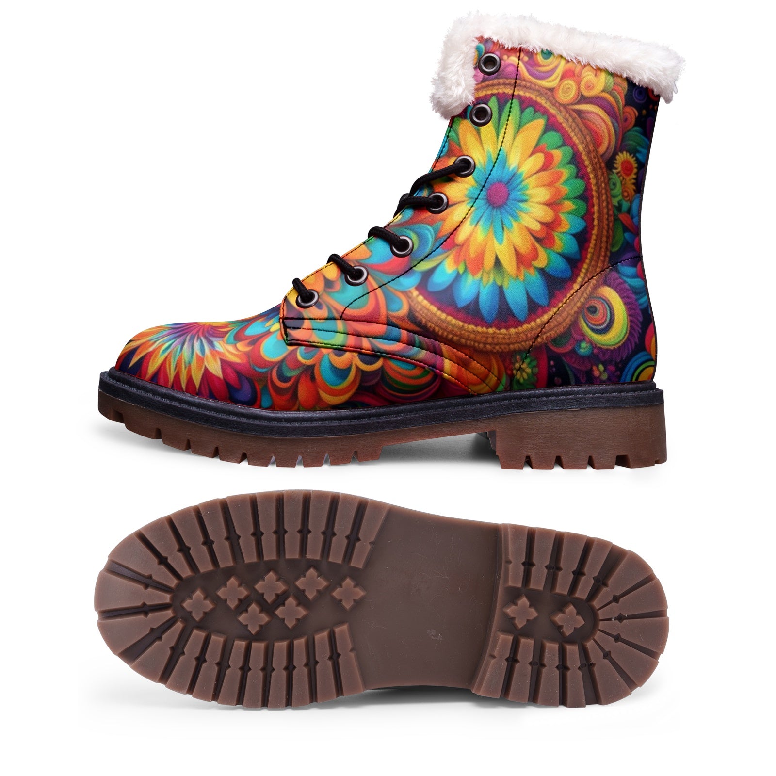Hippie Art Zone - Colorful Floral Faux Fur Leather Boots For Hippie