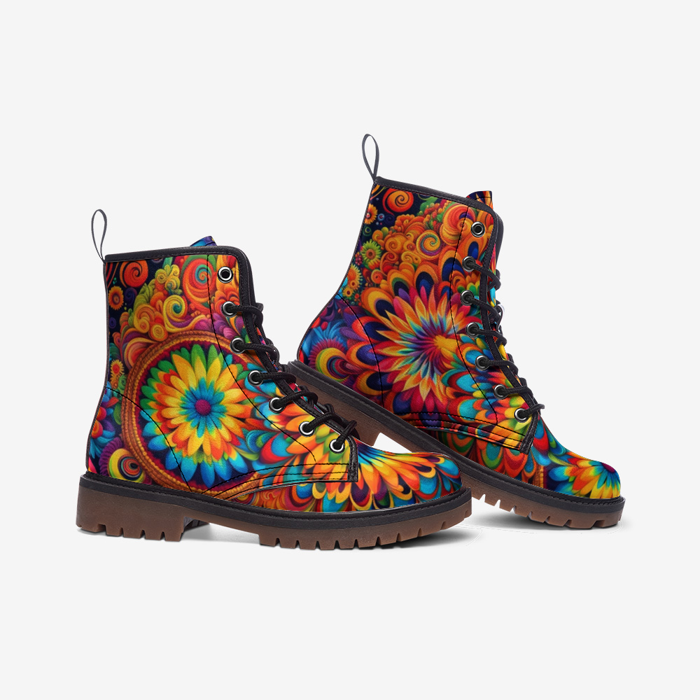 Hippie Art Zone - Hippie Floral Vegan Leather Combat Boots