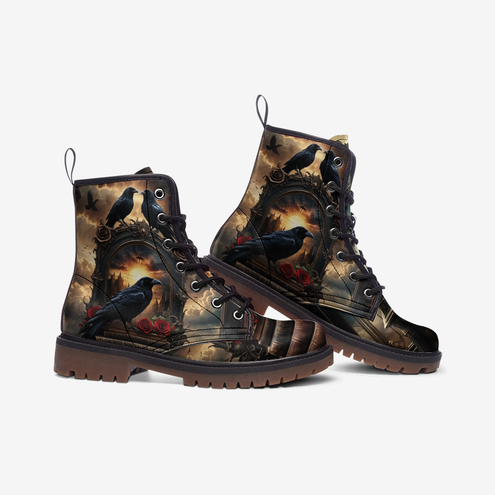 Hippie Art Zone - Witchy Raven & Rose Vegan Leather Boots, Hippie Goth Style