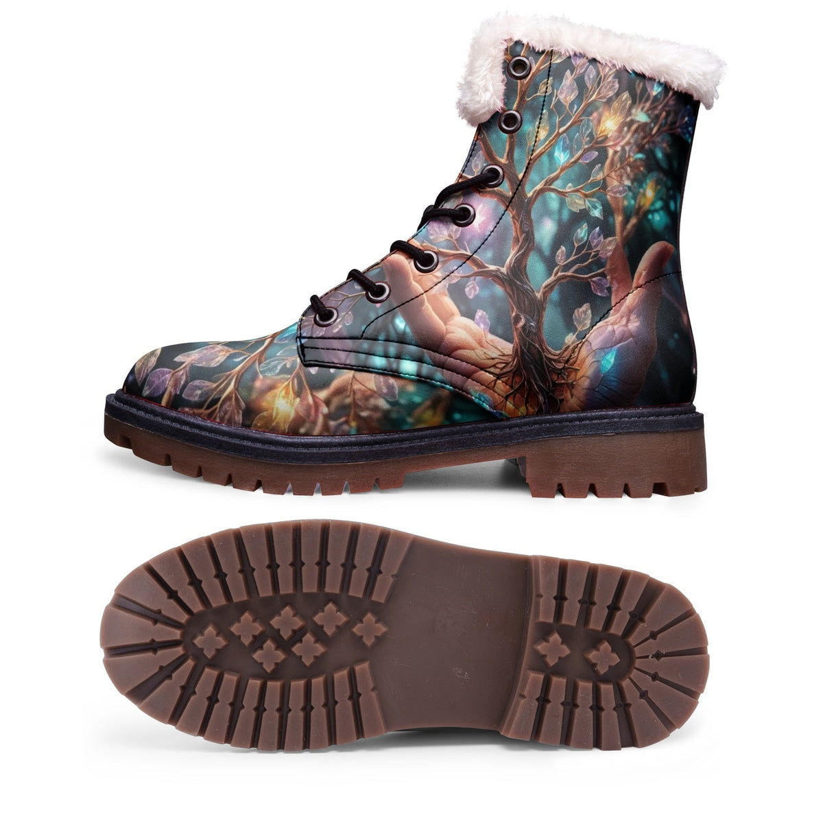 Hippie Art Zone - Colorful Tree of Life Faux Fur Leather Boots for Free-Spirited Hippies