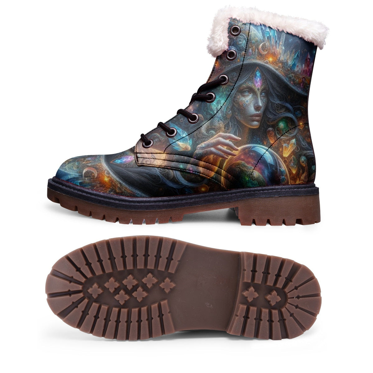 Hippie Art Zone - Galaxy Witch Faux Fur Leather Boots for Mystical Hippies