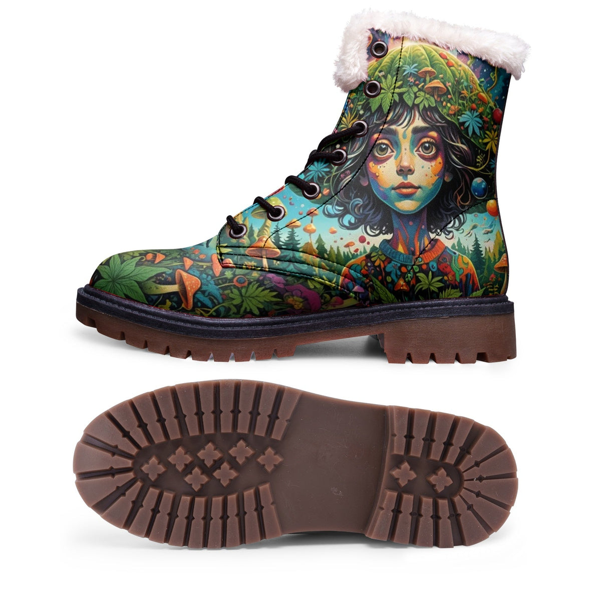 Hippie Art Zone - Forest Girl &amp; Magic Mushrooms Faux Fur Leather Boots ? Nature-Loving Hippie Style