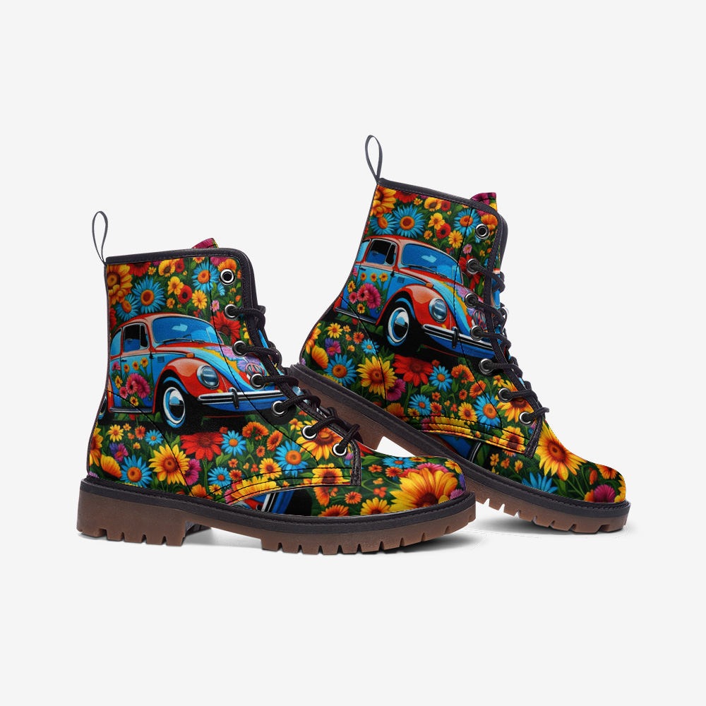 Hippie Art Zone - Volkswagen Beetle, Flower Shower Casual Leather Lightweight Boots For Hippies