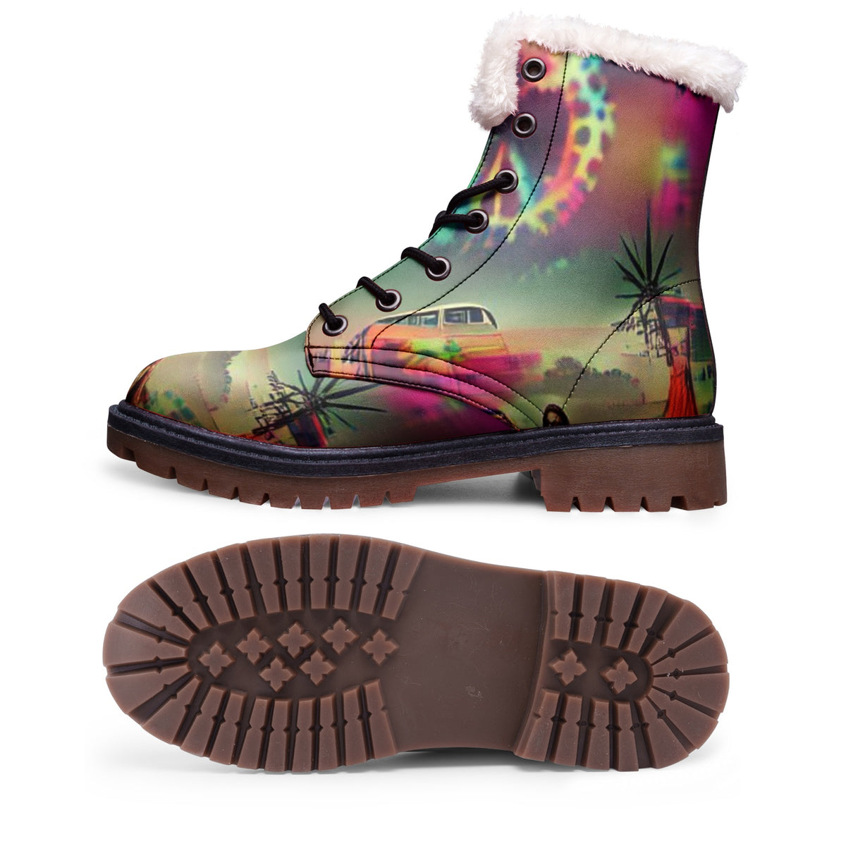 Hippie Art Zone - Abstract Hippie Faux Fur Leather Boots