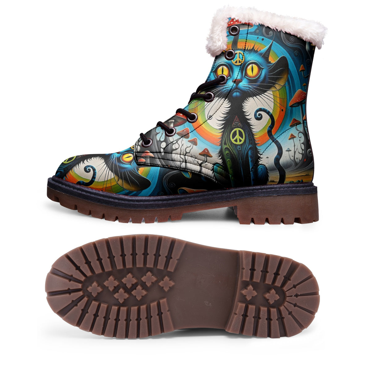 Hippie Art Zone - Cats And Mushrooms Faux Fur Leather Boots For Hippie