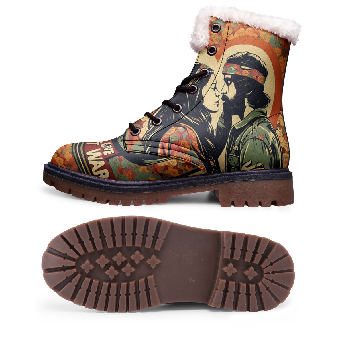 Hippie Art Zone - Love Not War Faux Fur Leather Boots For Hippie