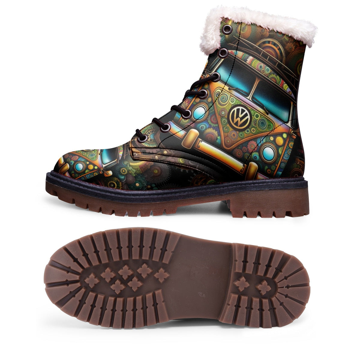 Hippie Art Zone - Hippie Bus Printed Faux Fur Boots, Stylish and Creative