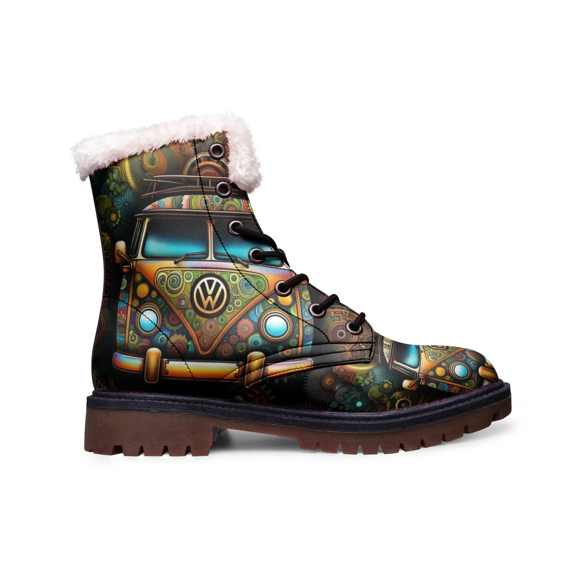 Hippie Art Zone - Hippie Bus Printed Faux Fur Boots, Stylish and Creative