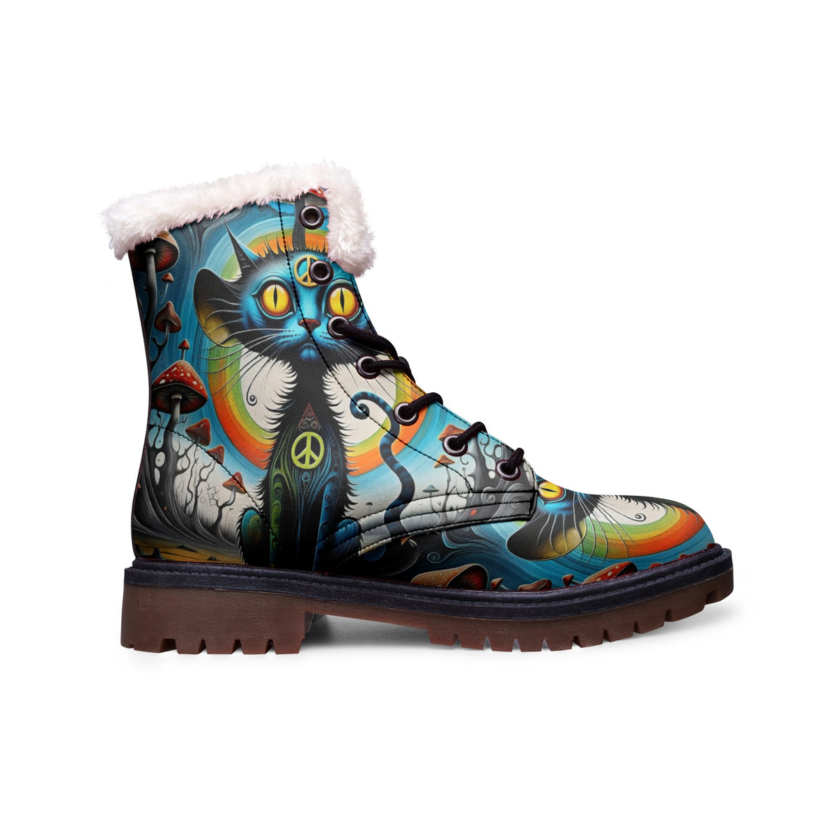 Hippie Art Zone - Cats And Mushrooms Faux Fur Leather Boots For Hippie