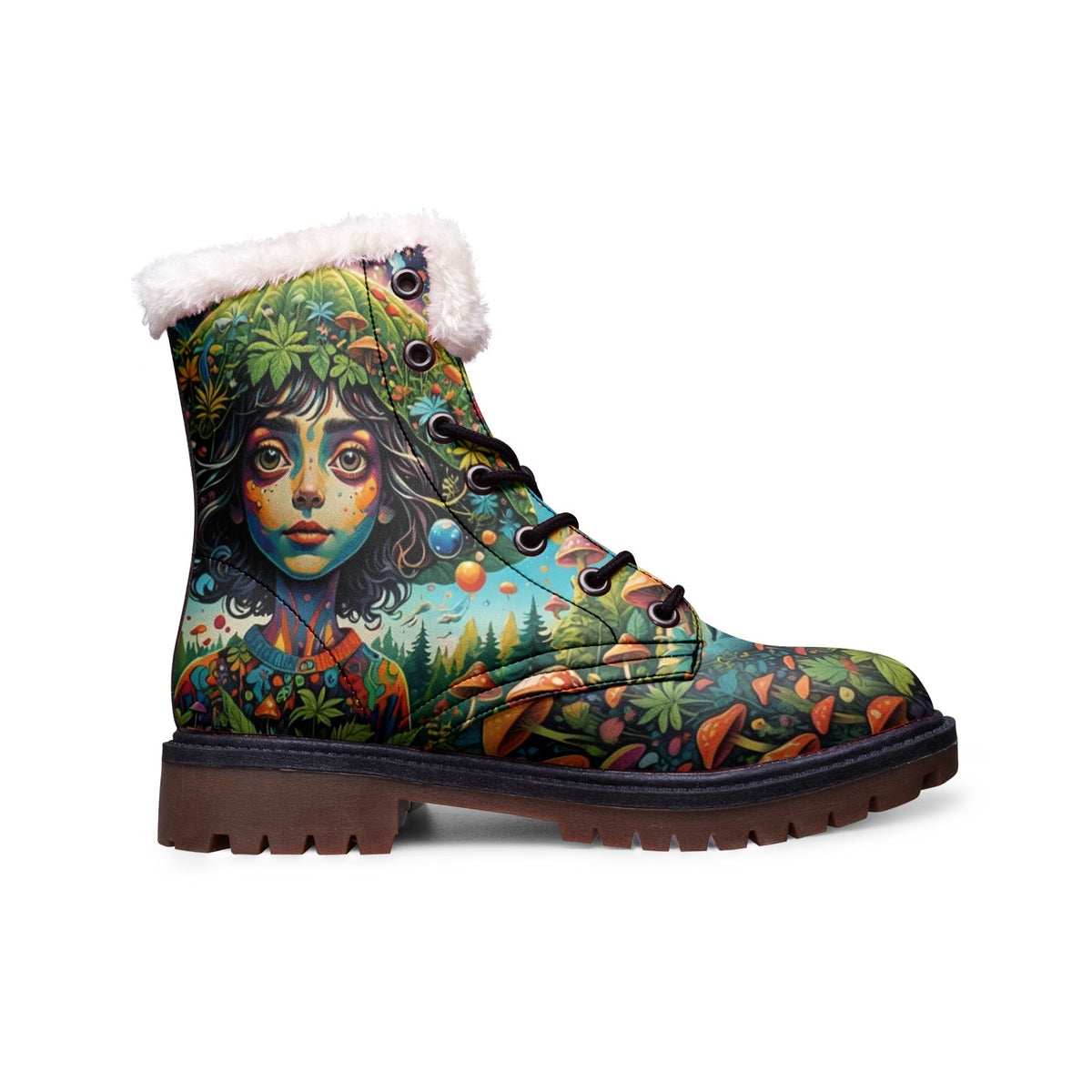 Hippie Art Zone - Forest Girl &amp; Magic Mushrooms Faux Fur Leather Boots ? Nature-Loving Hippie Style