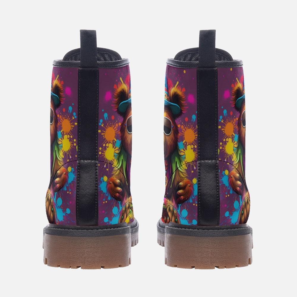 Hippie Art Zone - Cool Bear With Glasses Casual Leather Lightweight Boots