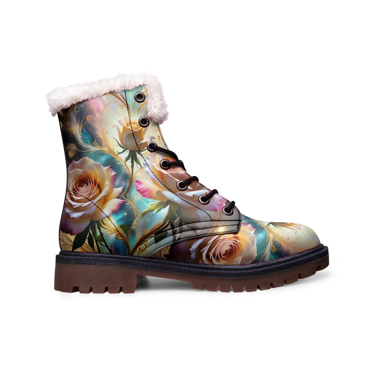 Hippie Art Zone - Boho Rose Faux Fur Leather Boots for Nature-Loving Hippies