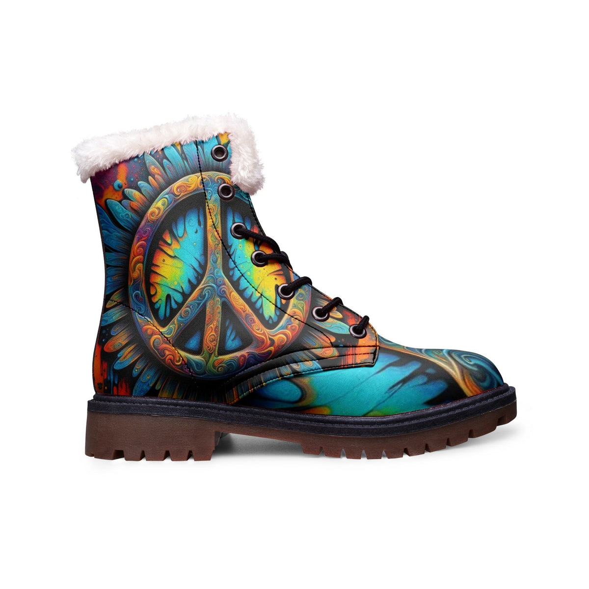 Hippie Art Zone - Faux Fur Leather Boots With Colorful Hippie Symbols ? Boots For The True Hippie