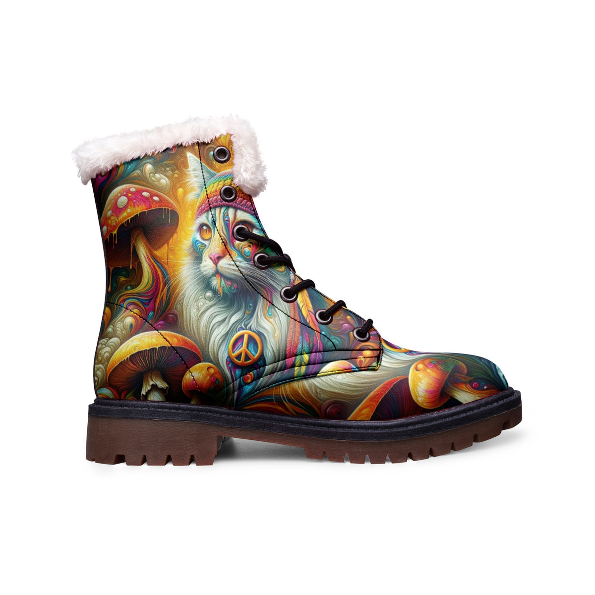 Hippie Art Zone - Cat &amp; Mushroom Colorful Leather Boots For Hippies