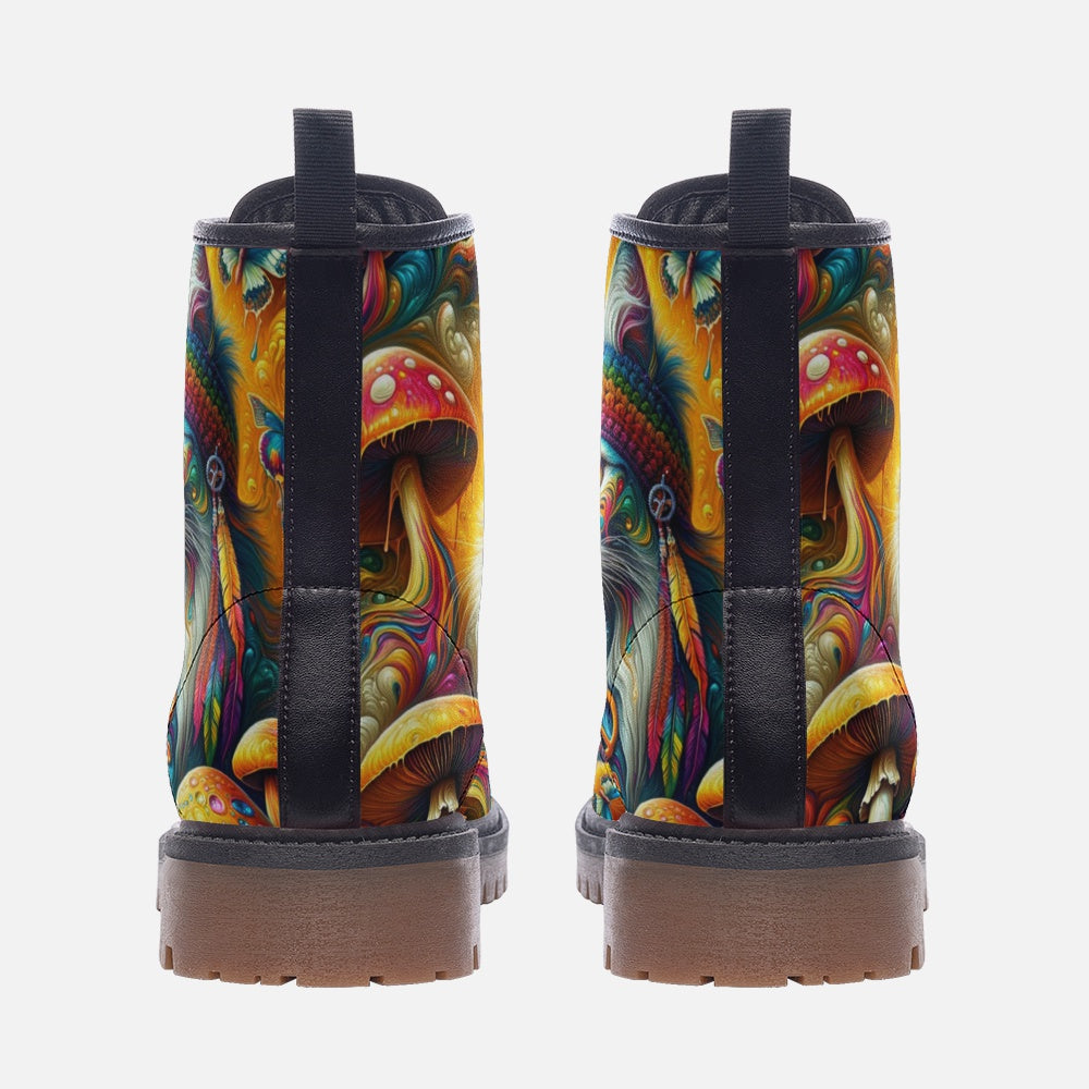 Hippie Art Zone - Hippie Cat &amp; Mushroom Vegan Leather Combat Boots