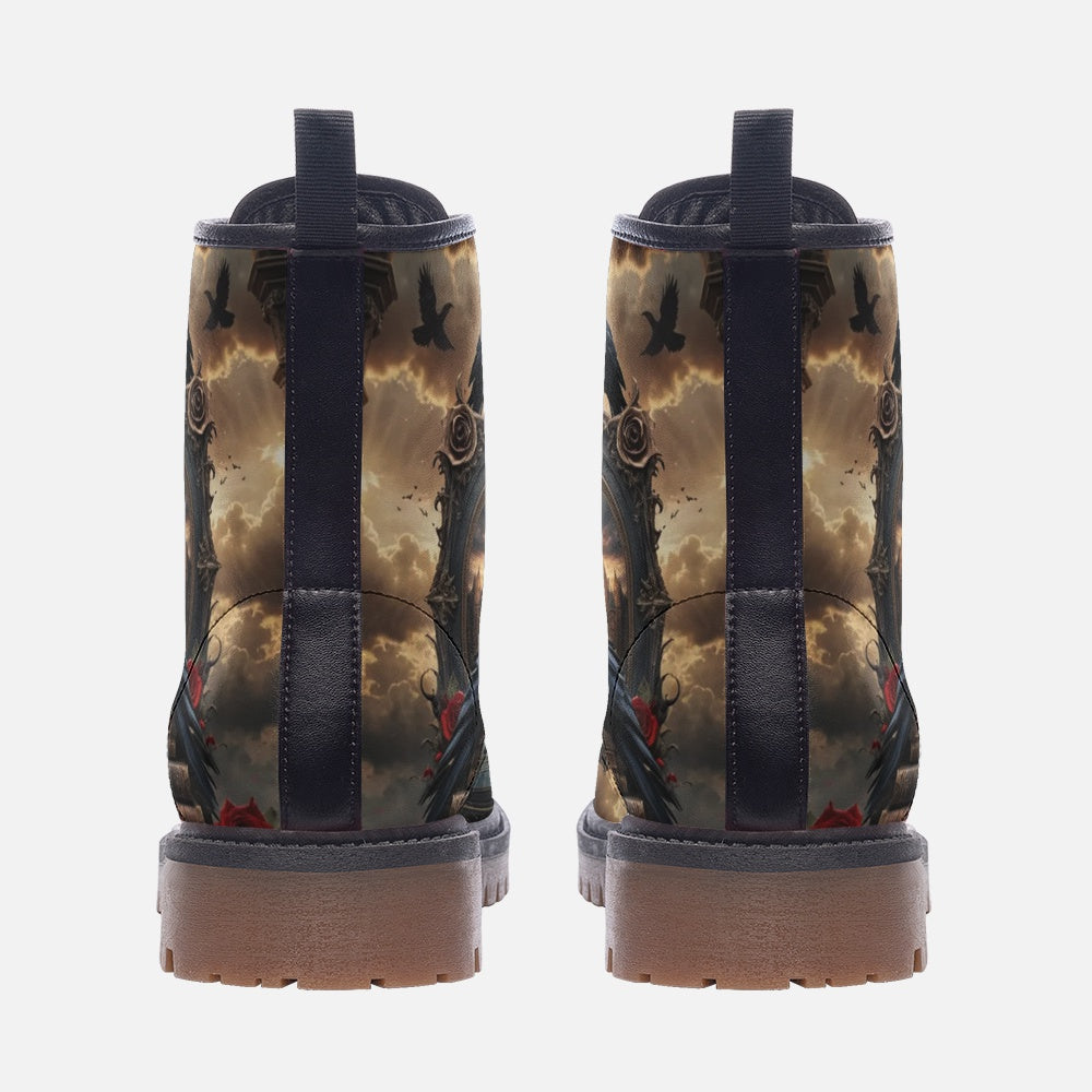 Hippie Art Zone - Witchy Raven & Rose Vegan Leather Boots, Hippie Goth Style