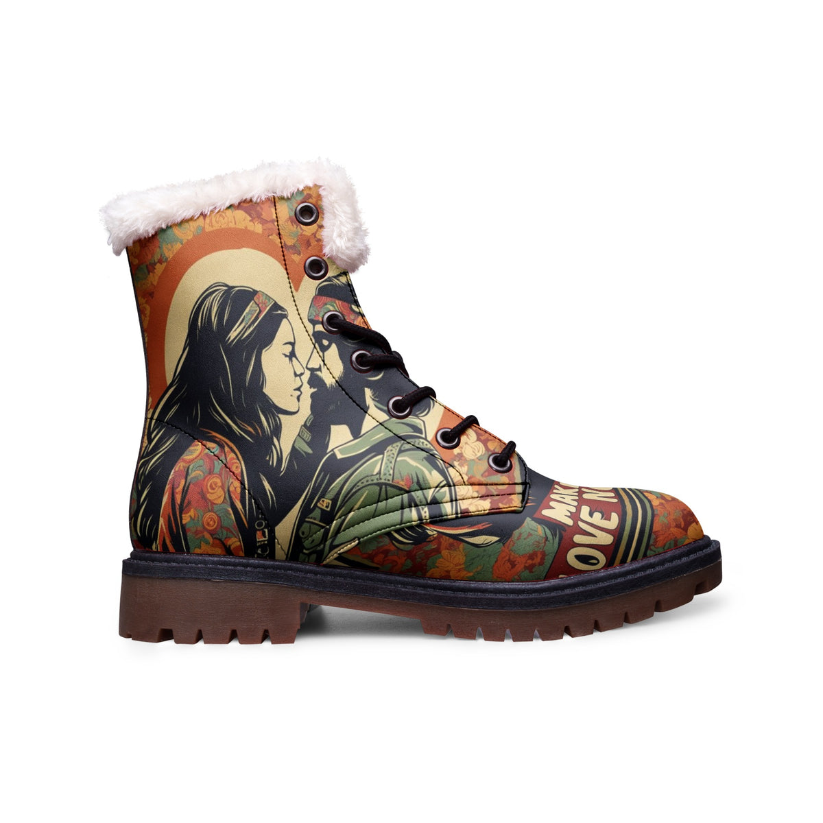 Hippie Art Zone - Love Not War Faux Fur Leather Boots For Hippie