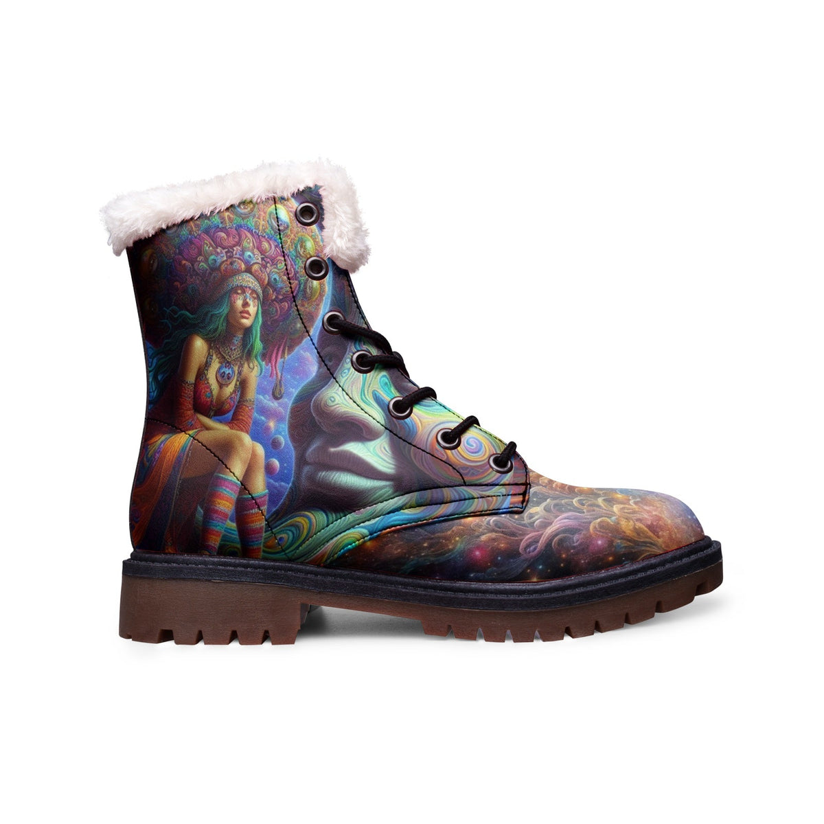 Hippie Art Zone - Smiling Moon Boho Faux Fur Leather Boots, Unique Bohemian Style Footwear