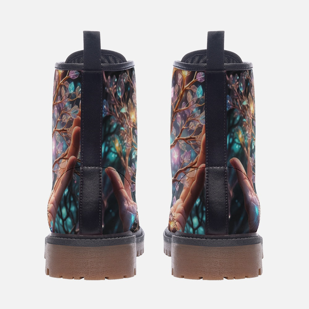 Hippie Art Zone - Tree of Life Hand Vegan Leather Boots, Boho Hippie Style