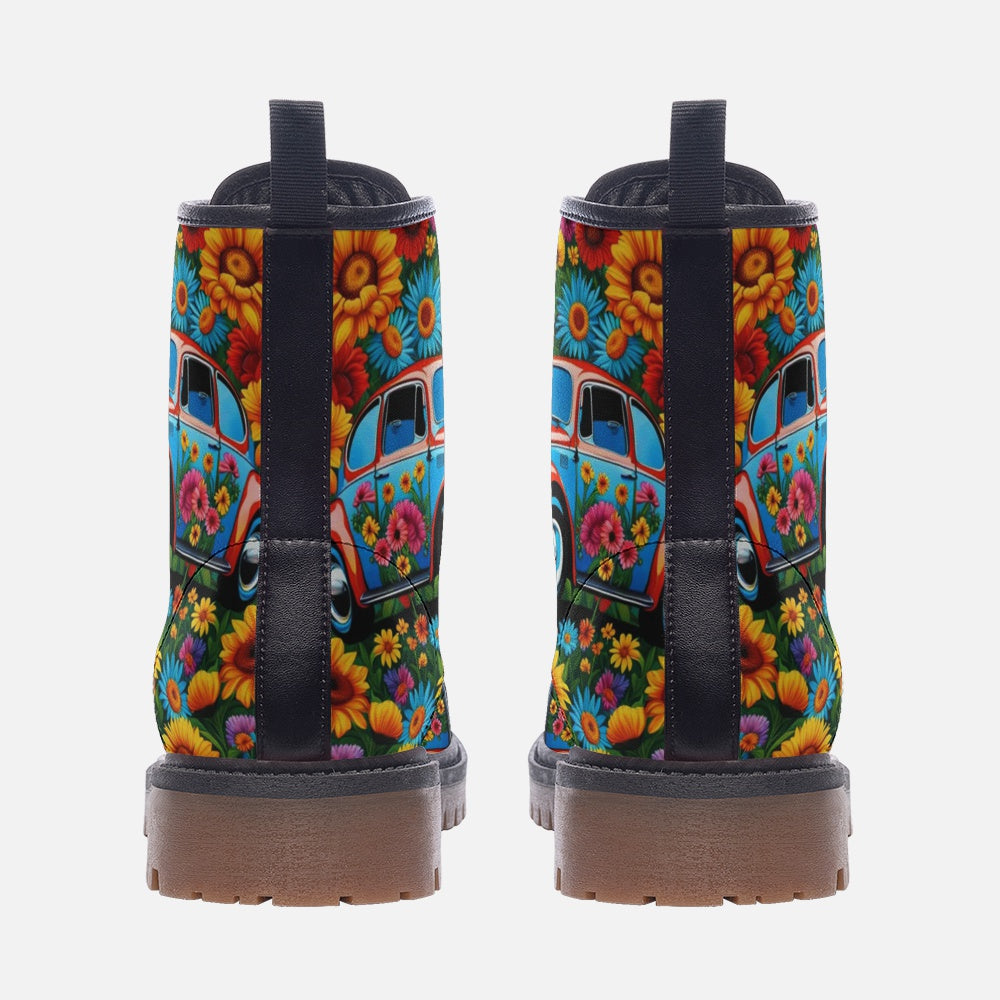 Hippie Art Zone - Volkswagen Beetle, Flower Shower Casual Leather Lightweight Boots For Hippies