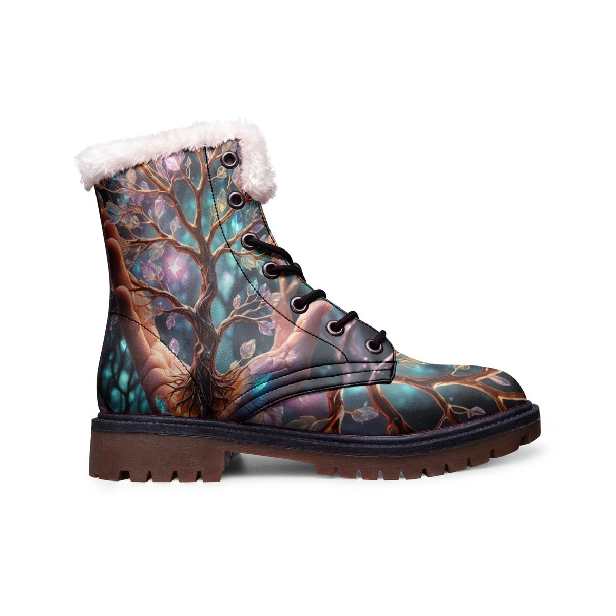 Hippie Art Zone - Colorful Tree of Life Faux Fur Leather Boots for Free-Spirited Hippies