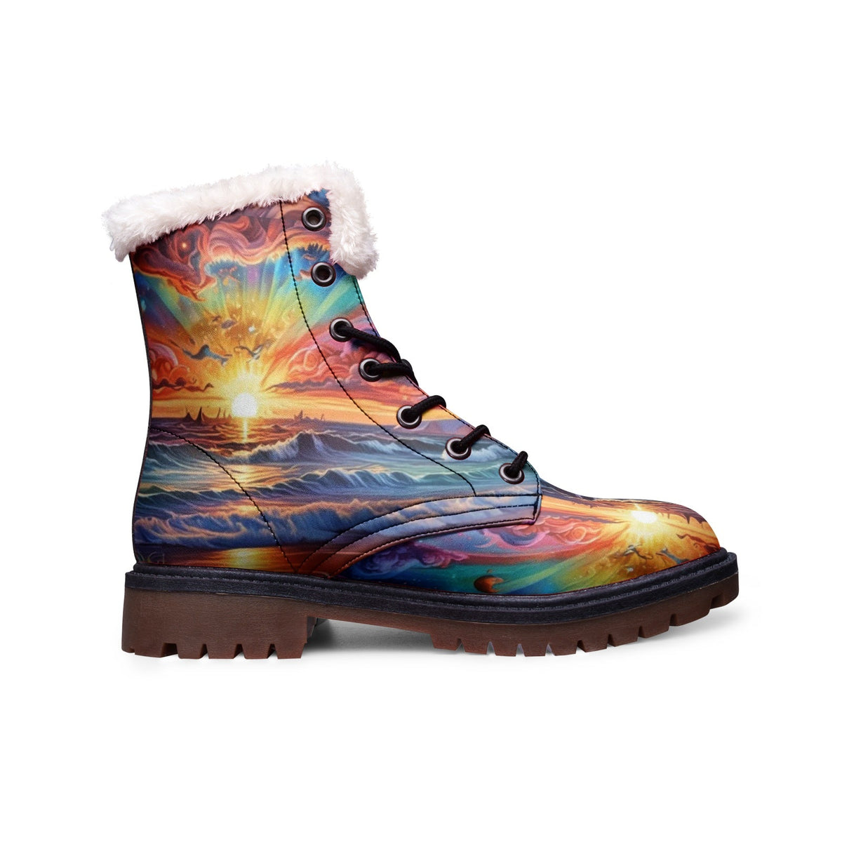 Hippie Art Zone - Colorful Sunset Beach Faux Fur Leather Boots, Vibrant Hippie Style Footwear