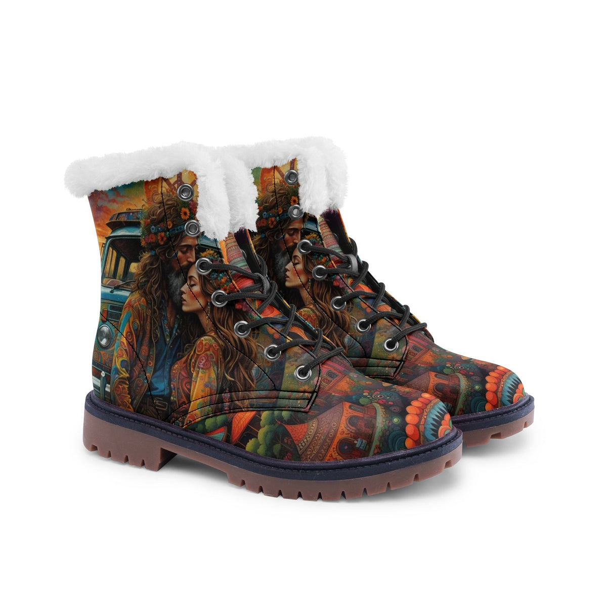 Hippie Art Zone - Hippie Love Faux Fur Leather Boots ? Colors of Love and Freedom