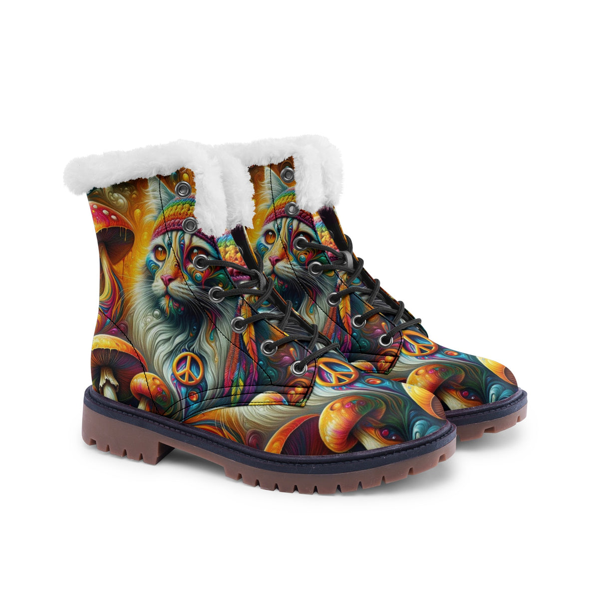 Hippie Art Zone - Cat &amp; Mushroom Colorful Leather Boots For Hippies