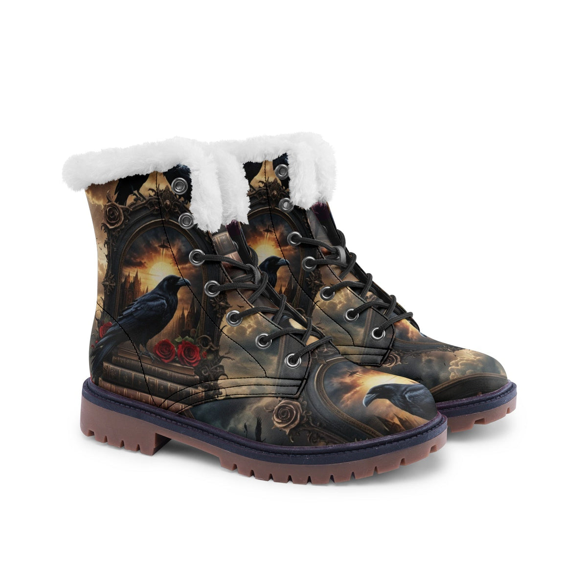 Hippie Art Zone - Mystical Crow Witchy Night Faux Fur Leather Boots, Enigmatic Dark Style Footwear