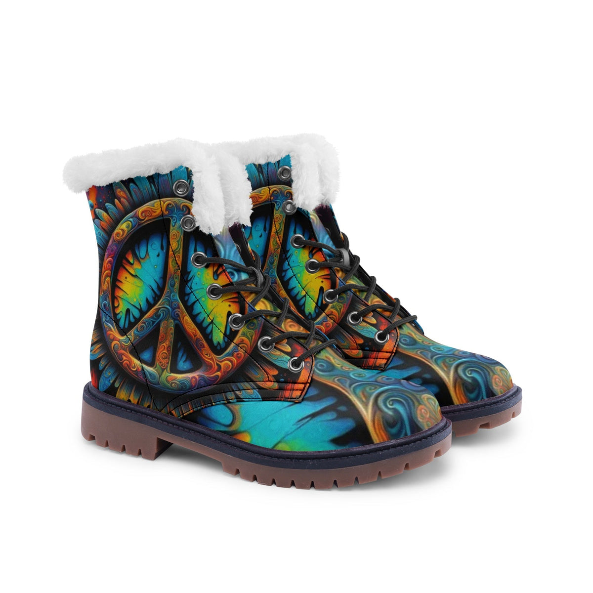 Hippie Art Zone - Faux Fur Leather Boots With Colorful Hippie Symbols ? Boots For The True Hippie