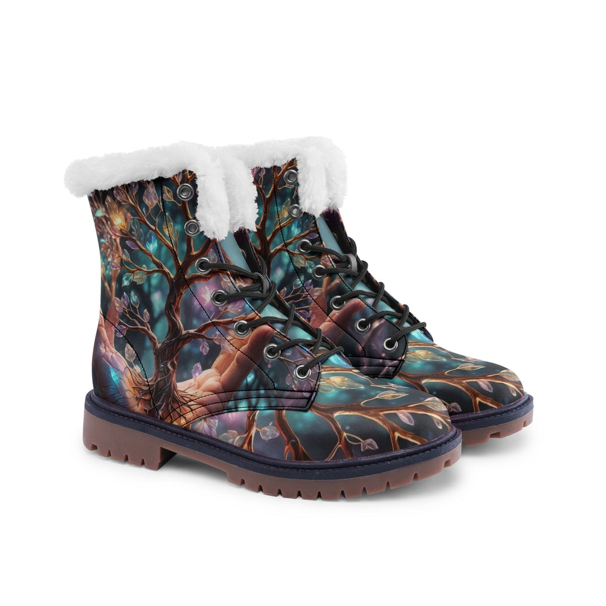 Hippie Art Zone - Colorful Tree of Life Faux Fur Leather Boots for Free-Spirited Hippies