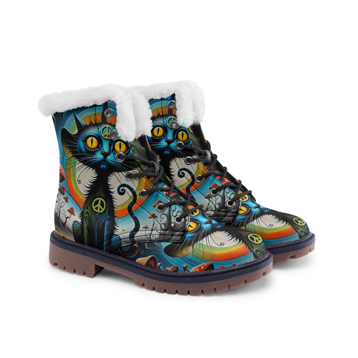 Hippie Art Zone - Cats And Mushrooms Faux Fur Leather Boots For Hippie