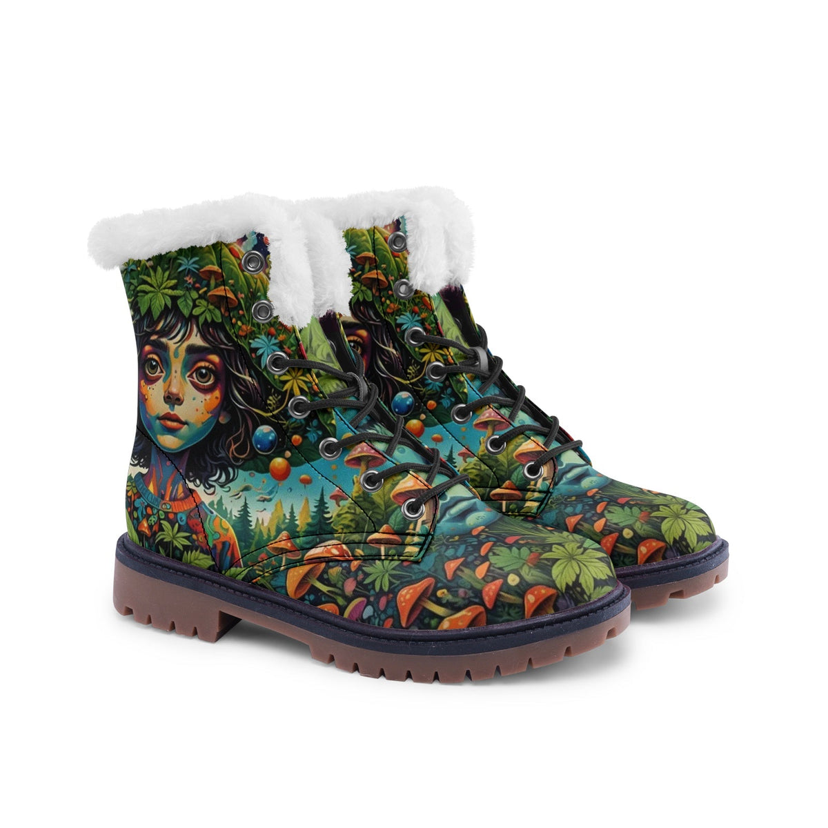 Hippie Art Zone - Forest Girl &amp; Magic Mushrooms Faux Fur Leather Boots ? Nature-Loving Hippie Style