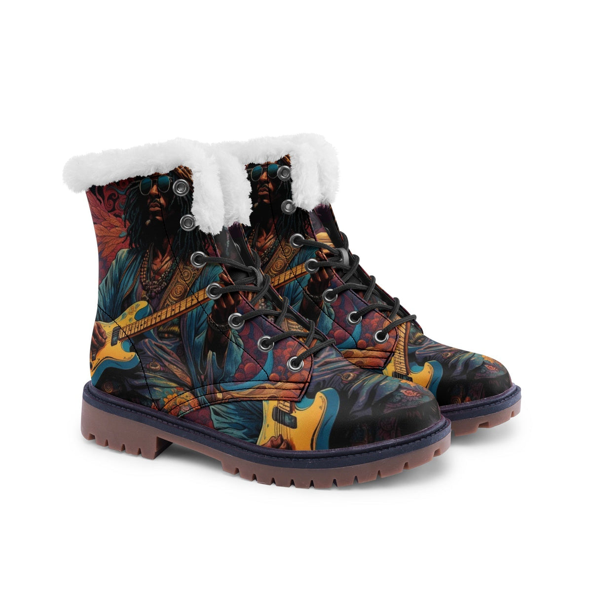 Hippie Art Zone - Hippie Faux Fur Leather Boots For Music Lovers and Free Spirits